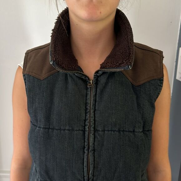 Lauren Jeans Co Ralph Lauren Vest Womens Medium Blue Denim Suede Fleece Puffer - Picture 6 of 13